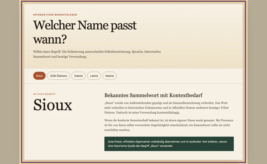 Begriffsleser „Welcher Name passt wann?“ mit fünf Begriffsschaltflächen und Erklärung zu Sioux. Der gesamte Abschnitt ist als betroffener Inhalt markiert; die Ursache liegt am body.