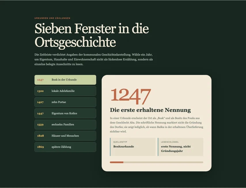 Dieselbe vollständige Zeitleiste mit Jahresauswahl und Detailkarte ohne Markierung. Der Balken sieht unverändert aus und trägt jetzt den zugänglichen Namen „Position in der Ortsgeschichte“.