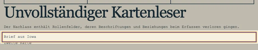 Kartenleser mit Überschrift und Erläuterung. Die Zeile „Brief aus Iowa“ ist als betroffene Listbox markiert; „Zweite Karte“ steht darunter.