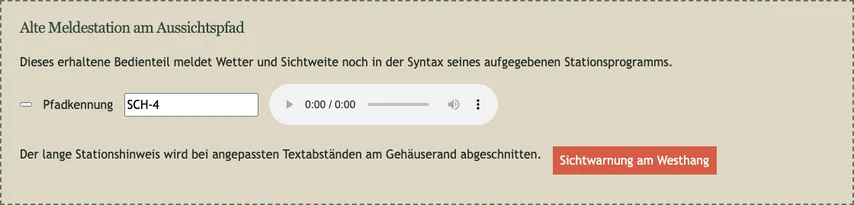 Dieselbe Meldestation ohne Markierung. Der kleine Button vor der Pfadkennung sieht unverändert aus, besitzt jetzt aber aria-label="Wetterkarte öffnen"; der ungültige Zustandswert bleibt separat offen.