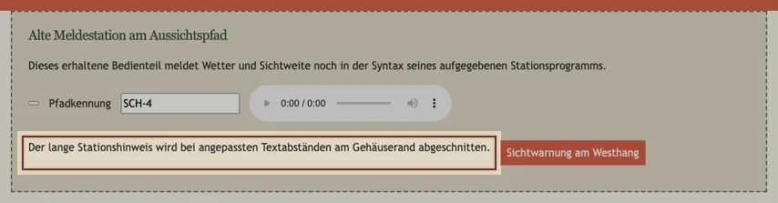 Vollständige Meldestation mit Überschrift, Pfadkennung SCH-4, Audiosteuerung und Sichtwarnung. Der Stationshinweis darunter ist als Fundstelle gesperrter Textabstände markiert.