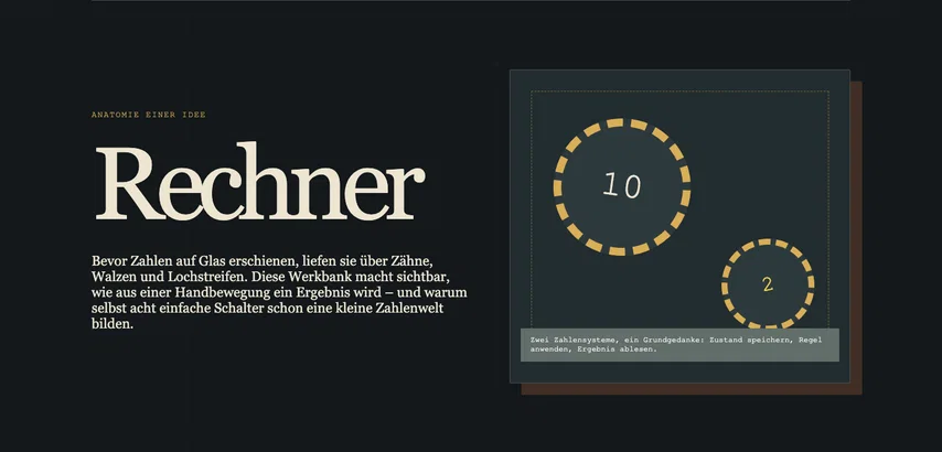 Derselbe Rechner-Einstieg. Die Bildunterschrift unter den Zahnrädern ist jetzt weiß und auf der unveränderten graugrünen Fläche deutlich lesbar.