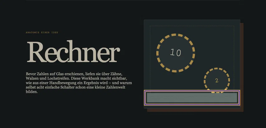 Seiteneinstieg „Rechner“ mit zwei Zahnrädern. Die markierte graugrüne Bildunterschrift unter den Zahnrädern ist auf ihrem Hintergrund kaum zu lesen.