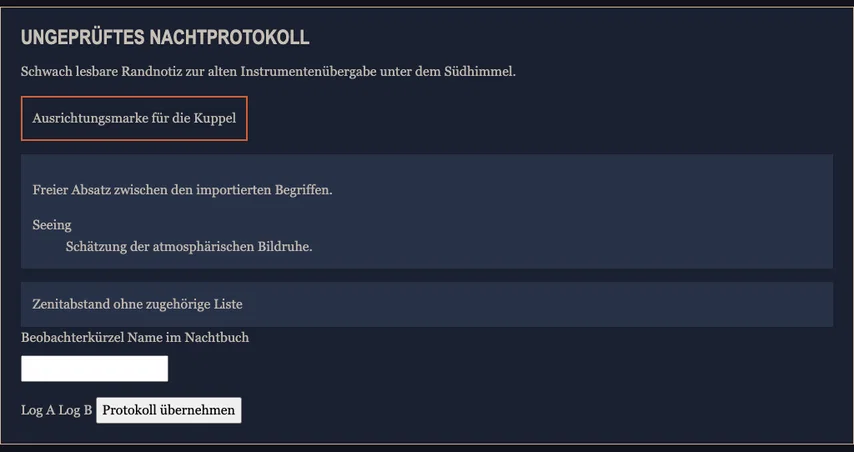 Dasselbe Nachtprotokoll im Querformat. Die orange umrandete Textkarte steht horizontal unter dem Einleitungstext; die Überschrift ist nicht mehr überlagert.