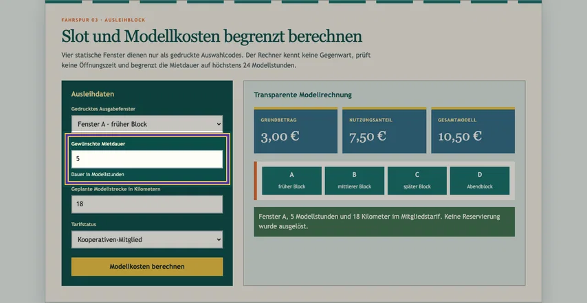 Ausleihformular neben seiner Modellrechnung. Markiert ist das Feld mit dem Wert 5 zwischen „Gewünschte Mietdauer“ und „Dauer in Modellstunden“.