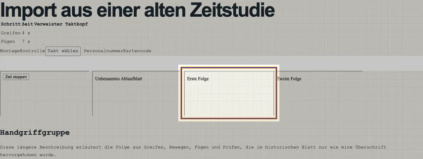 Abschnitt einer Zeitstudie mit vier Einbettungen. Markiert ist das Taktblatt Erste Folge; rechts daneben steht Zweite Folge. Beide tragen vor der Korrektur den Titel Doppeltes Taktblatt.
