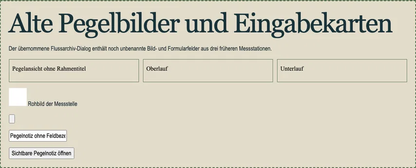 Derselbe vollständige Archivbereich ohne Markierung. Das linke Pegelfenster hat nun den im HTML ergänzten Titel „Pegelansicht der Kinzig“; die sichtbare Darstellung ist identisch.