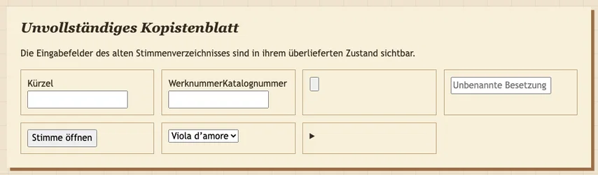 Dasselbe vollständige Kopistenblatt ohne Befundmarkierung. Der Button zeigt weiterhin „Stimme öffnen“ und trägt nun auch diesen zugänglichen Namen.