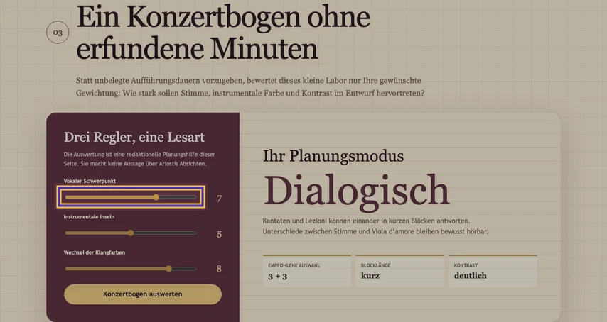 Konzertplaner mit drei Gewichtungsreglern links und Ergebnis rechts. Der erste Regler unter „Vokaler Schwerpunkt“ ist als Befund markiert.