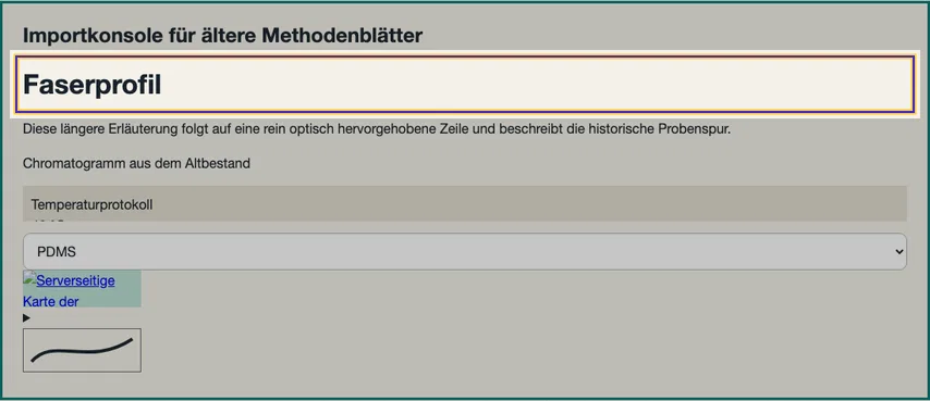 Vollständige SPME-Importkonsole. Die Zeile Faserprofil ist als Befund markiert; darunter stehen Erläuterung, Temperaturprotokoll und Materialauswahl.