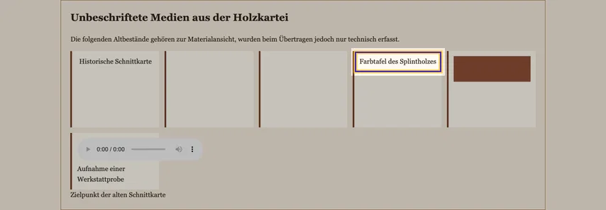 Medienarchiv mit sechs Karten. Markiert ist die reine Textzeile „Farbtafel des Splintholzes“ in der vierten Karte; rechts daneben steht eine separate braune Grafik.