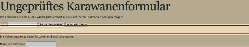 Karawanenformular mit leerer, markierter Summary-Zeile. Darunter ist der geöffnete Absatz zum Verlauf der Nebenroute sichtbar.