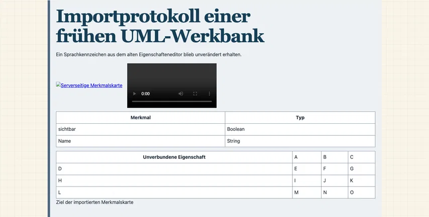 Derselbe Importbereich nach der Korrektur: Die erste Tabelle besitzt nur noch die Köpfe Merkmal und Typ. sichtbar mit Boolean sowie Name mit String bleiben unverändert.